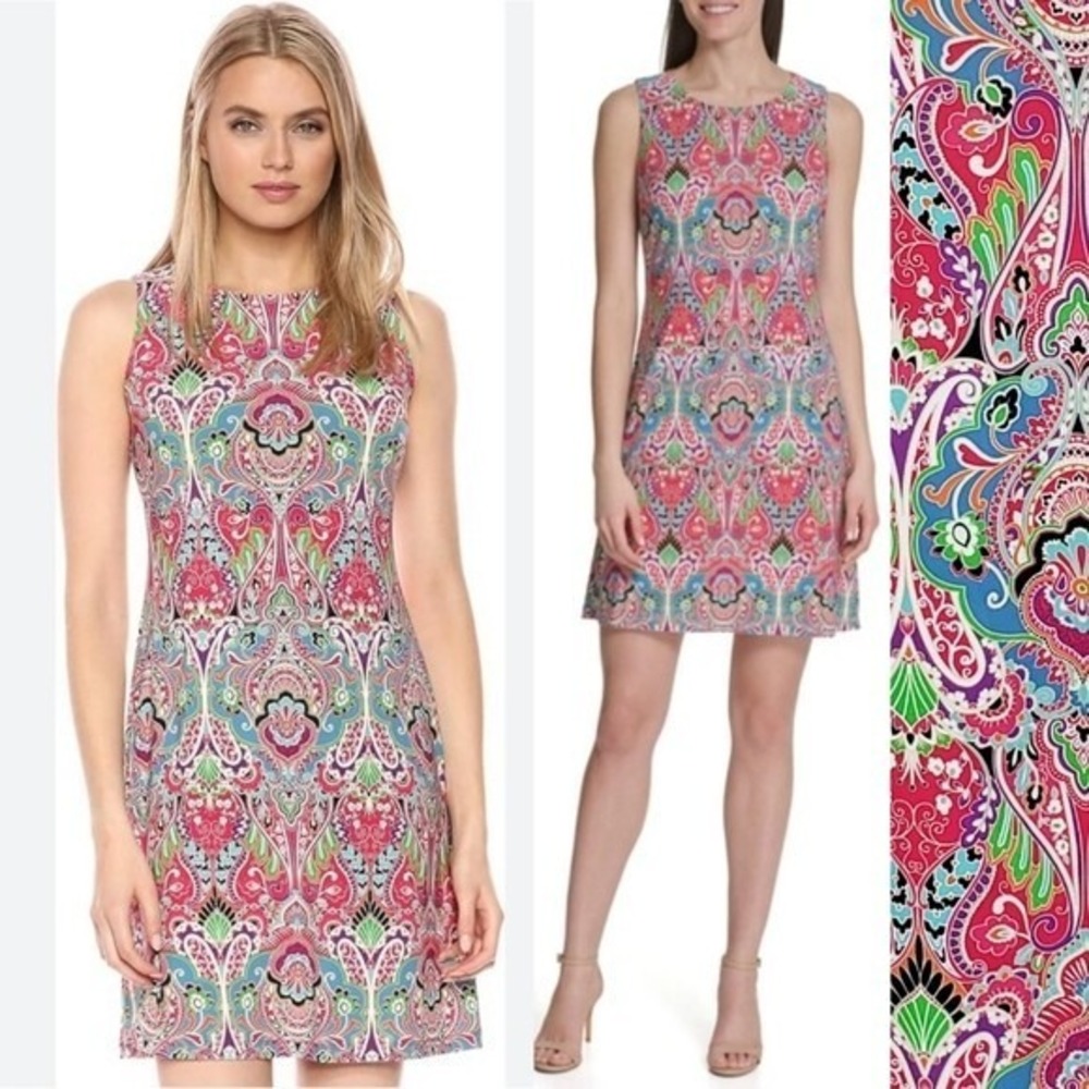 Tommy Hilfiger Sheath Dress Women 2P Multi Paisley Sleeveless Stretch Knit Mini